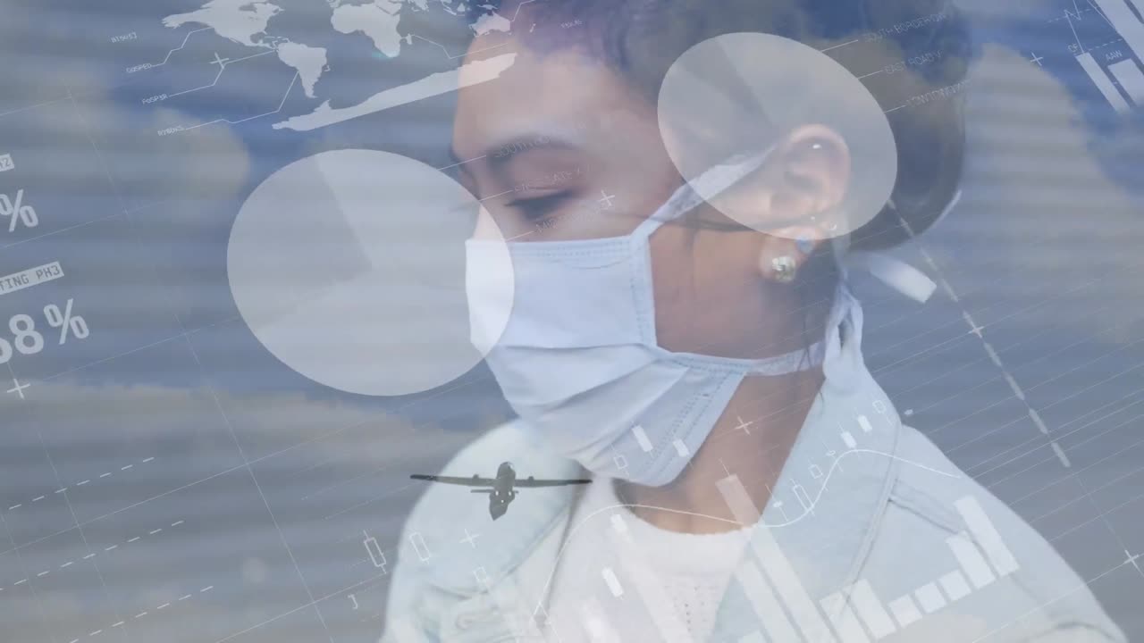 얼굴 마스크를 착용한 아시아 여성에 대한 통계 데이터 처리 디지털 구성 기침