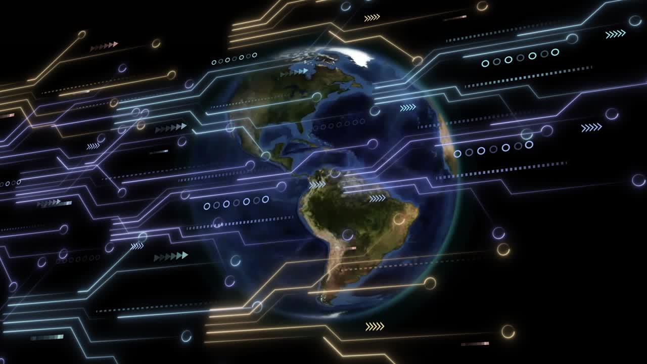 On start globe rotating westward with neon-blue gold circuits streaming and visualizing network
