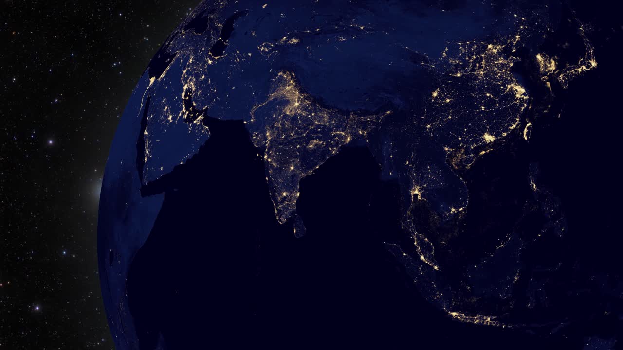 escena nocturna del globo terrestre girando y parada en el país de la india, escena nocturna llena de luces en el globo terrestre en el país