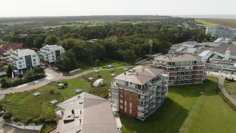 aerial drone footage of a coastal hotel resort in cuxhaven, northern germany