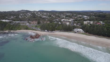 Flynns-Beach-And-Rocky-Beach-At-Port-Macquarie,-NSW,-Australia---aerial-drone-shot
