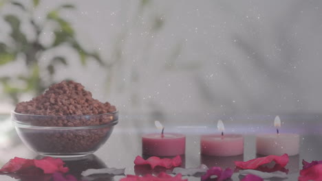 animation of lights over bowl with scrub and candles on grey background