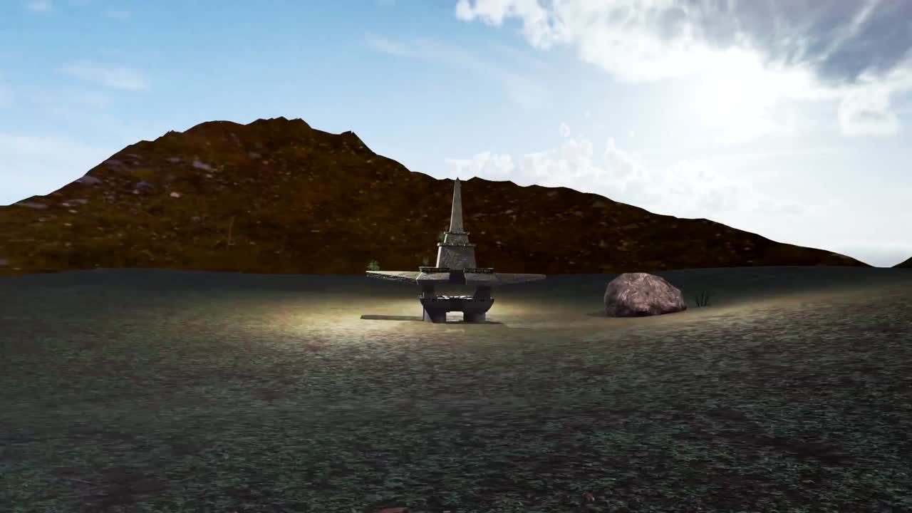 Rotating 3D cinematic animation of an ancient stone shrine nestled on a vast grassy plain between towering mountains