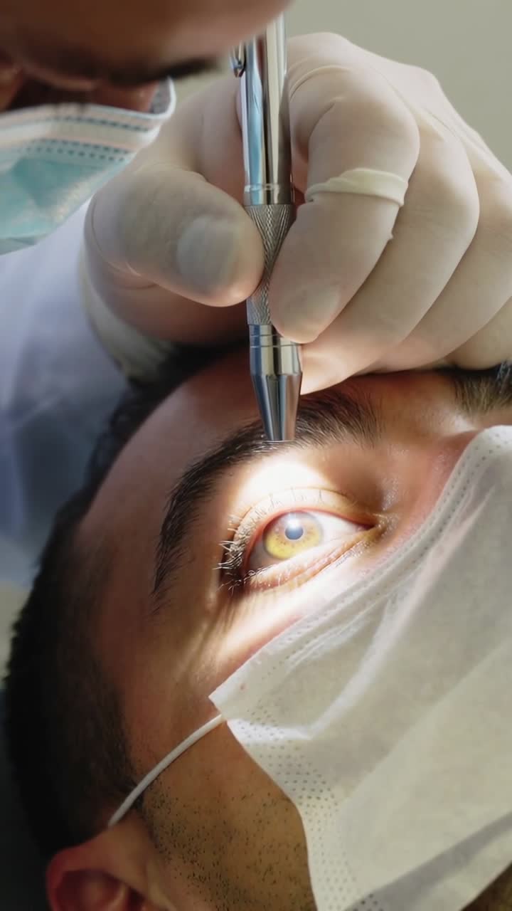 Video verticale: medico con torcia e guanti che esamina l'occhio destro in una clinica, controllando la cornea