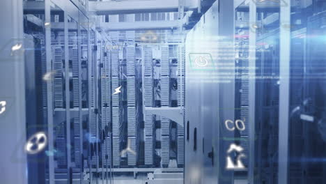 animation of eco icons and digital data processing over computer servers