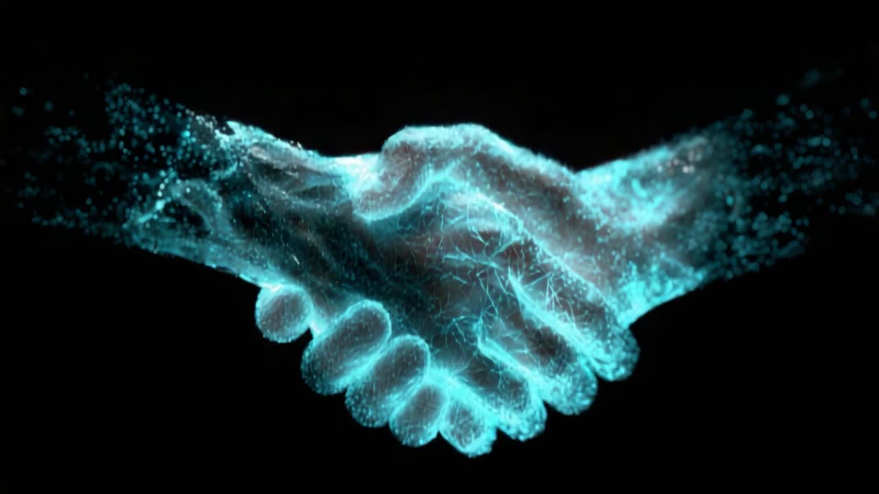A stunning digital illustration of two hands engaged in a handshake, represented through vibrant particles and light effects, symbolizing unity, agreement, and collaboration in a modern, technological context