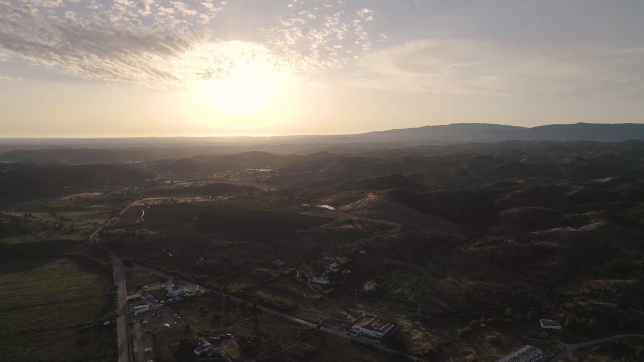 Aerial of the hilly countryside surrounding the city of Silves in Portugal