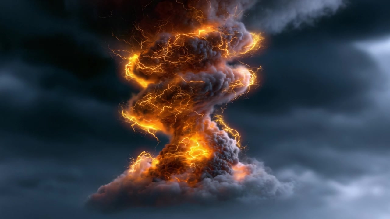 Un intenso vortice di fulmini infuocati che si forma tra nuvole scure e tempestose, creando uno straordinario fenomeno atmosferico catturato in movimento.