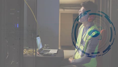 animation of data processing over asian male worker in server room