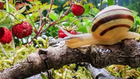 snail slowly creeping along the branch of a tree super macro close-up with slider action