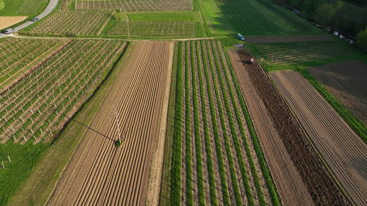 Aerial: vineyards and green pastures in Vipava Valley during the day in Vipava, Inner Carniola, Slovenia, reveal drone shot