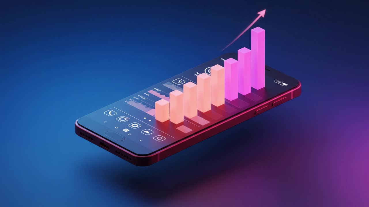 Dynamic Visualization of Data Growth on a Smartphone Display, Showcasing Progress with Colorful Graphs and Analytics to Enhance Understanding of Metrics