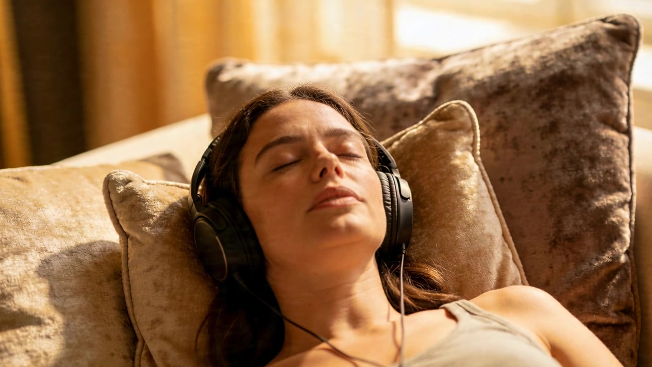 Donna che ascolta musica in canotta, sdraiata sul divano, con cuffie con filo per rilassarsi.