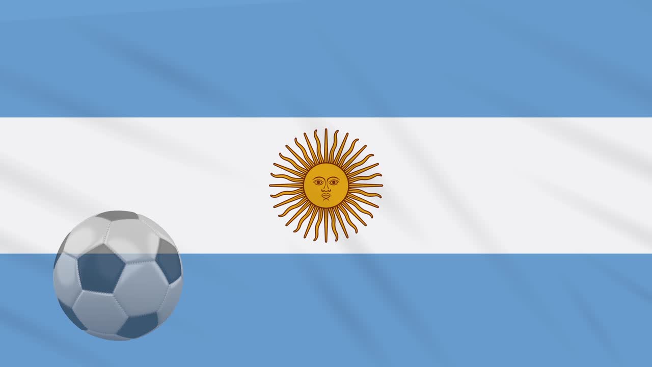 아르헨티나의 발과 축구공이 흔들리는 천의 배경에 회전합니다.