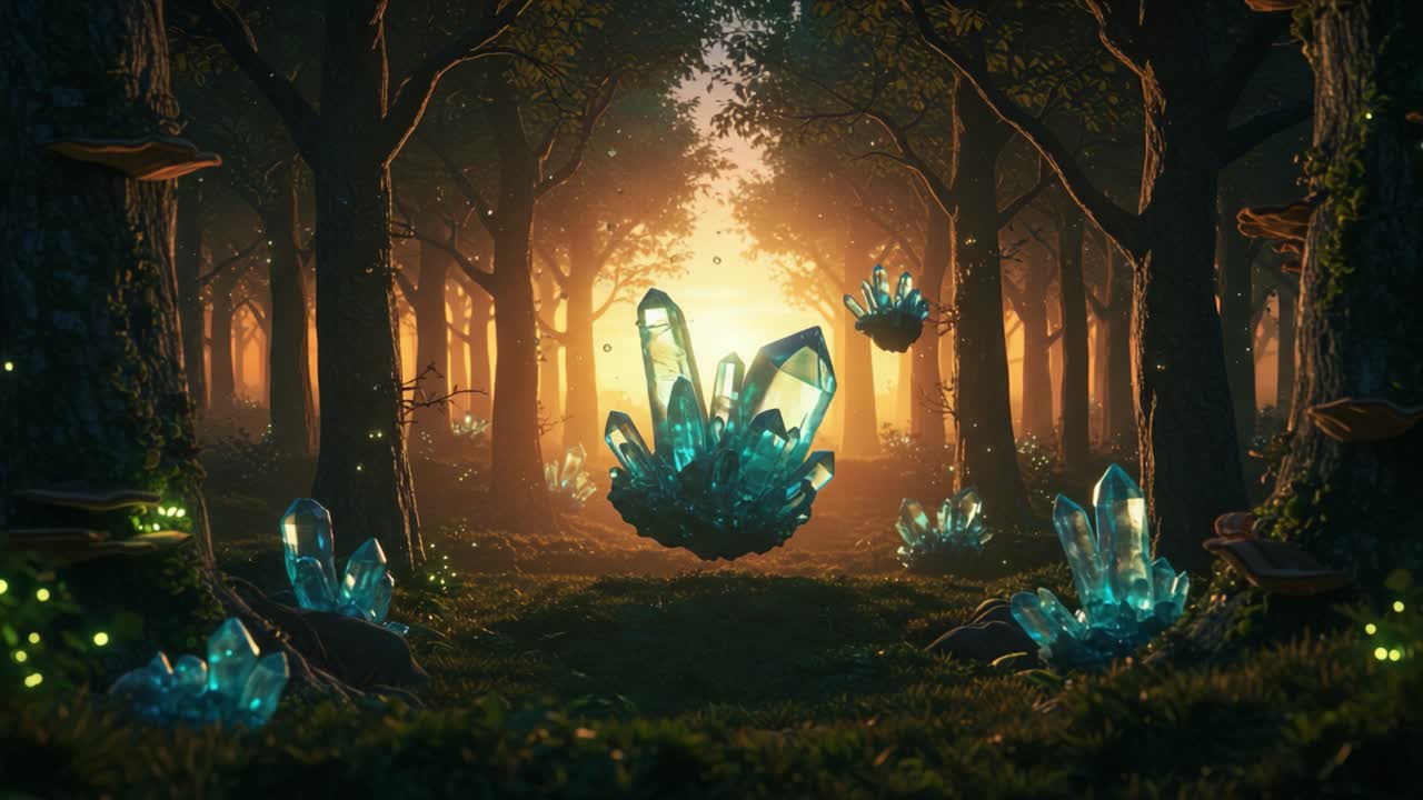 Mystical Forest Glade Illuminated by Ethereal Crystals, Capturing a Serene and Enchanted Atmosphere in the Heart of Nature's Splendor