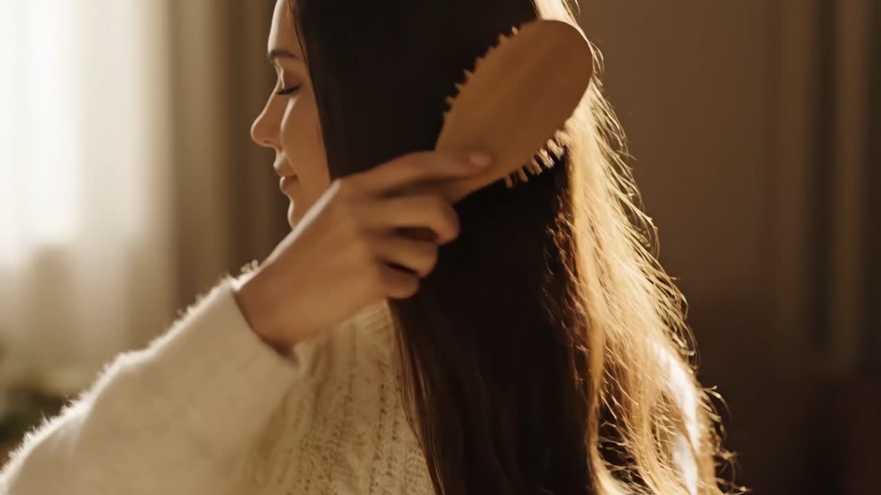 Una mujer cepillándose el cabello.