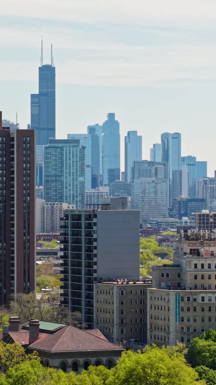 Vertical Drone Shot of Downtown Chicago USA, Financial District Towers and Skyscrapers on Sunny Day