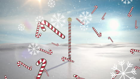 multiple candy cane icons and snowflakes falling over north pole on winter landscape
