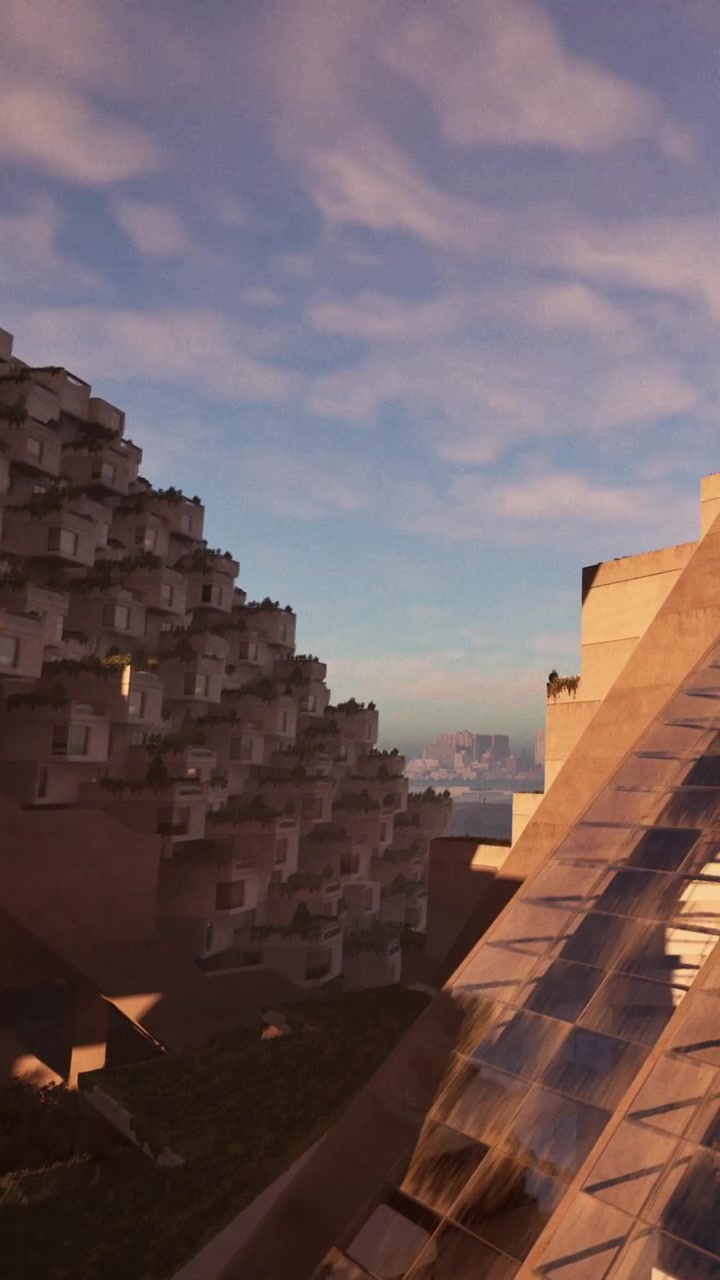 Moderní architektonický design na pozadí zatažené oblohy večer.