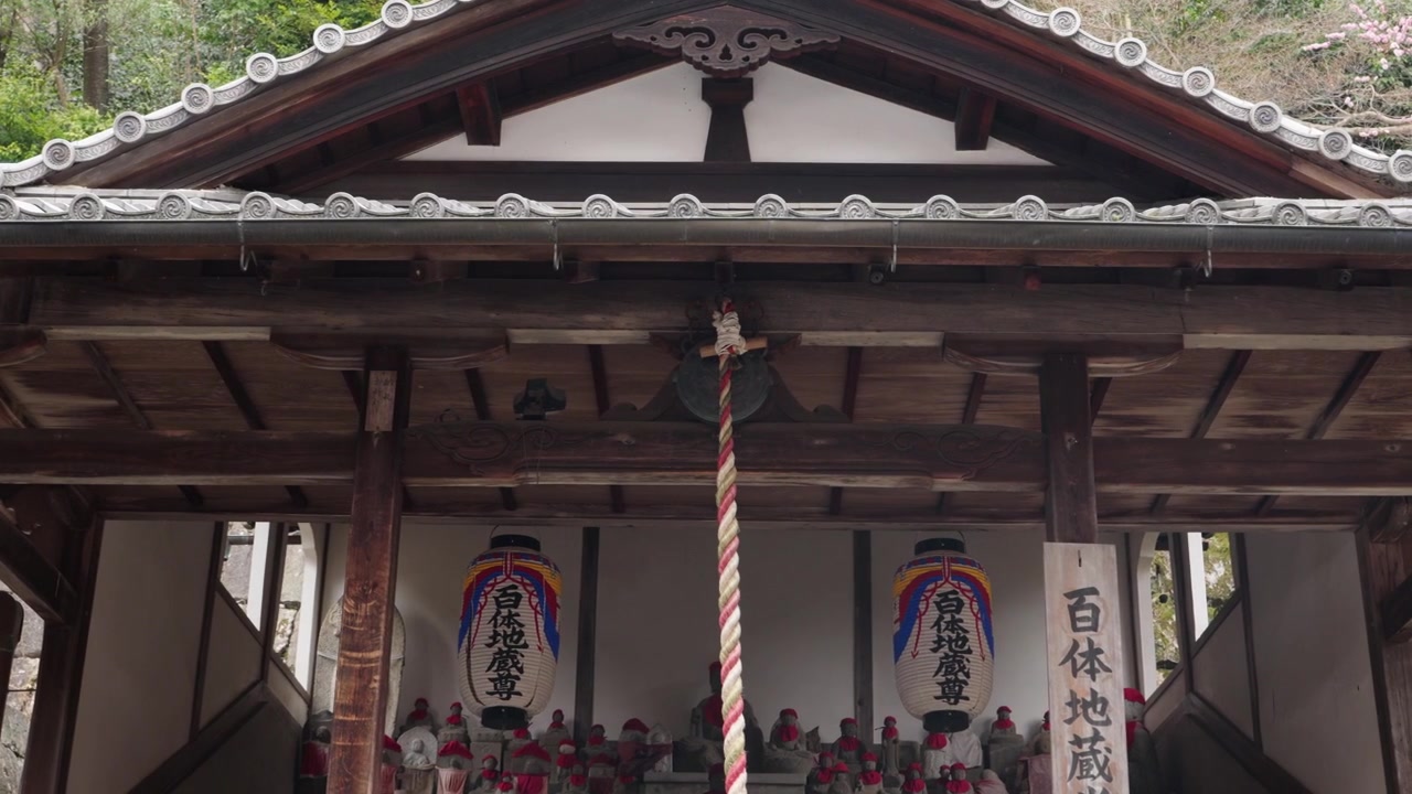 Sảnh gỗ với những chiếc đèn lồng giấy treo và những hàng tượng Jizo đeo yếm đỏ tại Kiyomizu-dera, Kyoto, Nhật Bản.