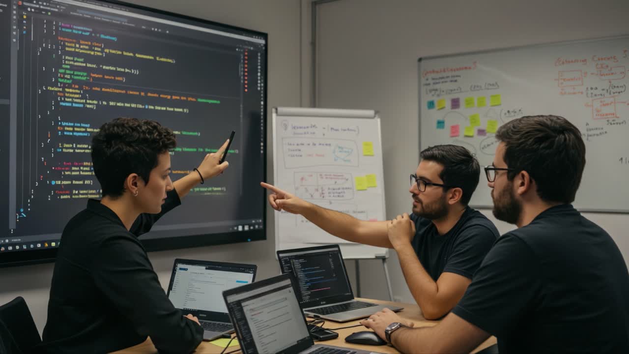 A Collaborative Coding Session: Team Discusses Software Development Strategies and Code Challenges in a Modern Meeting Room Equipped with Multiple Screens and Laptops