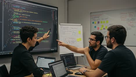 a collaborative coding session: team discusses software development strategies and code challenges in a modern meeting room equipped with multiple screens and laptops