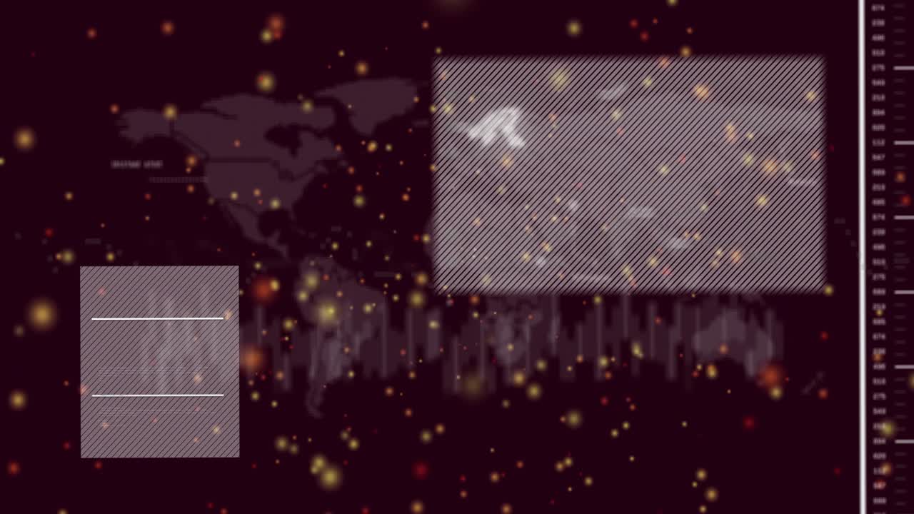 Dotted world map reacting to South America glow, right panel sliding, markers popping, showing data