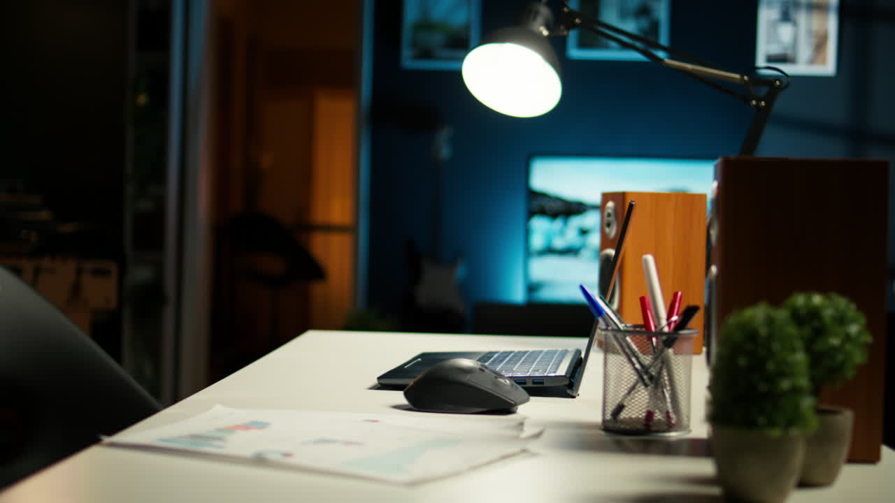 목조 가구 로 장식 된 도시 아파트 에 있는 현대적 인 가정 사무실