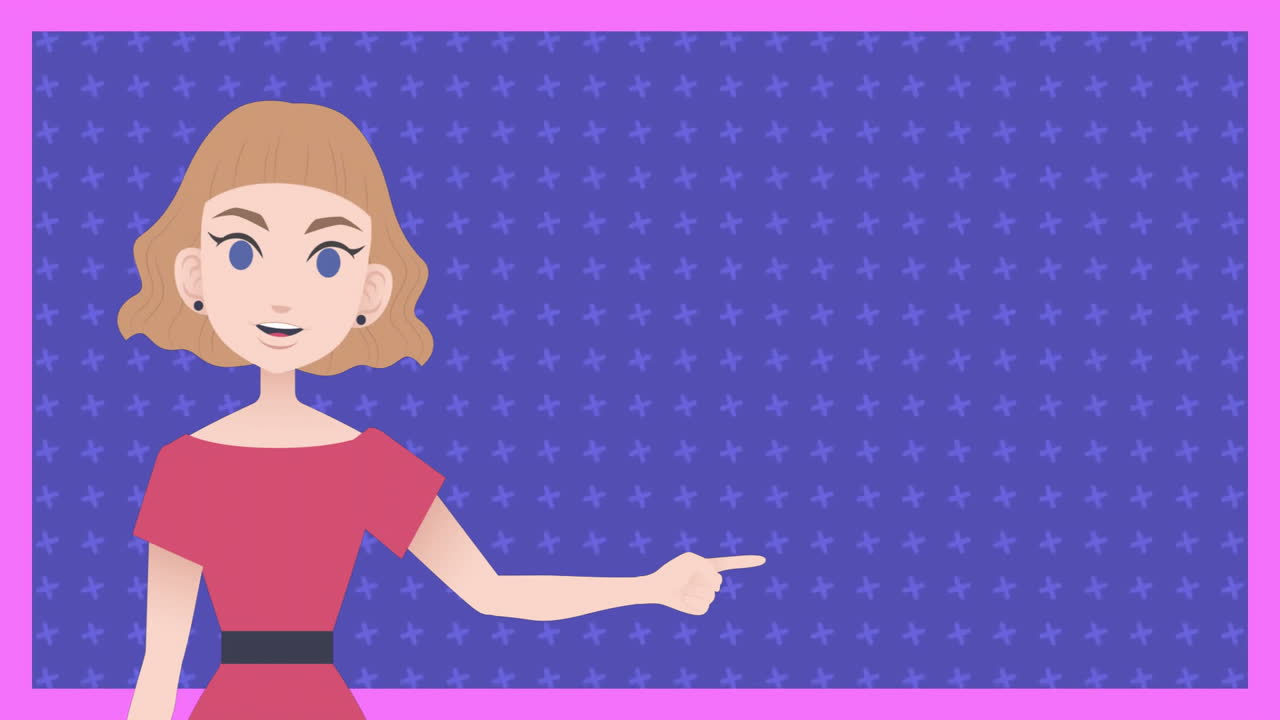 Pointing with finger, animated woman over purple background with plus signs animation