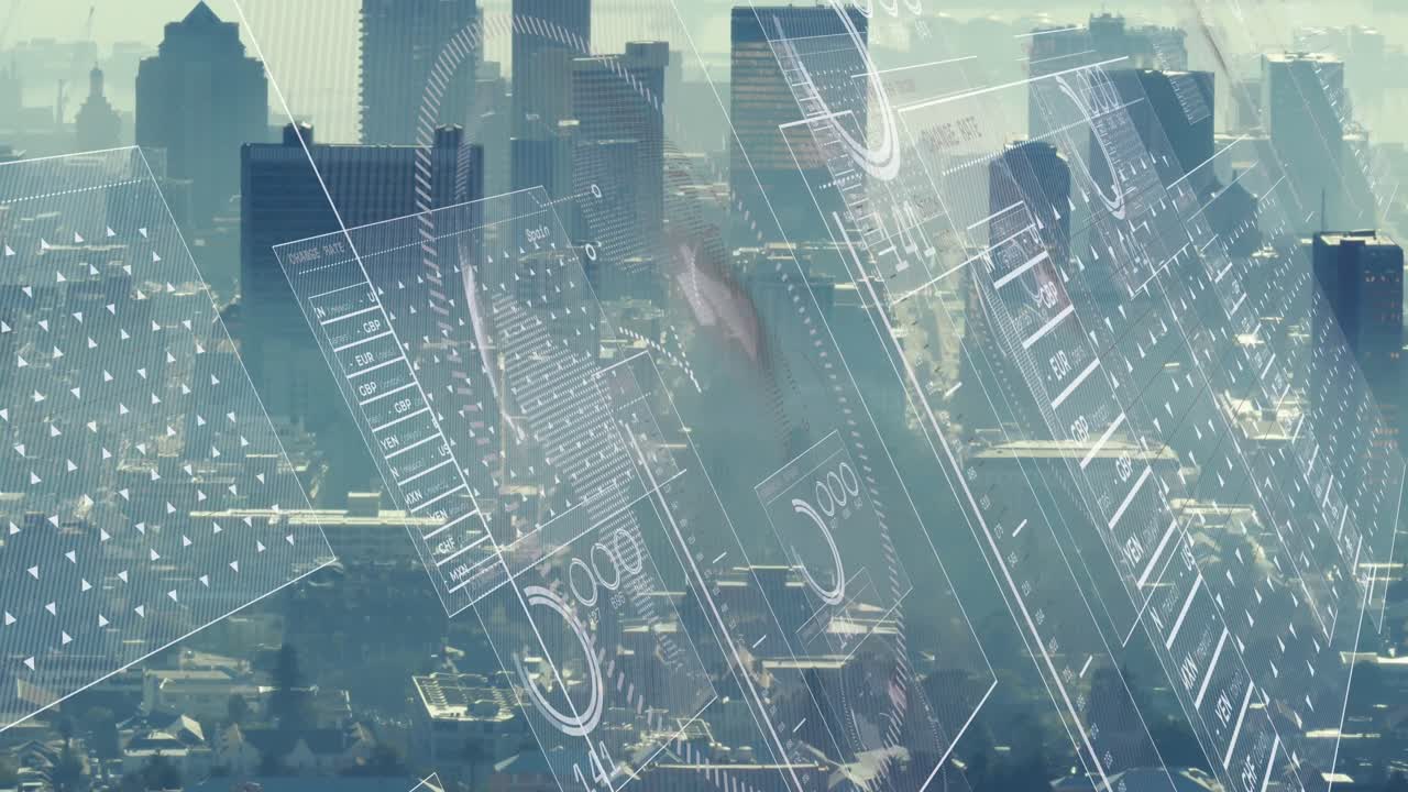 Animation of financial data processing over cityscape