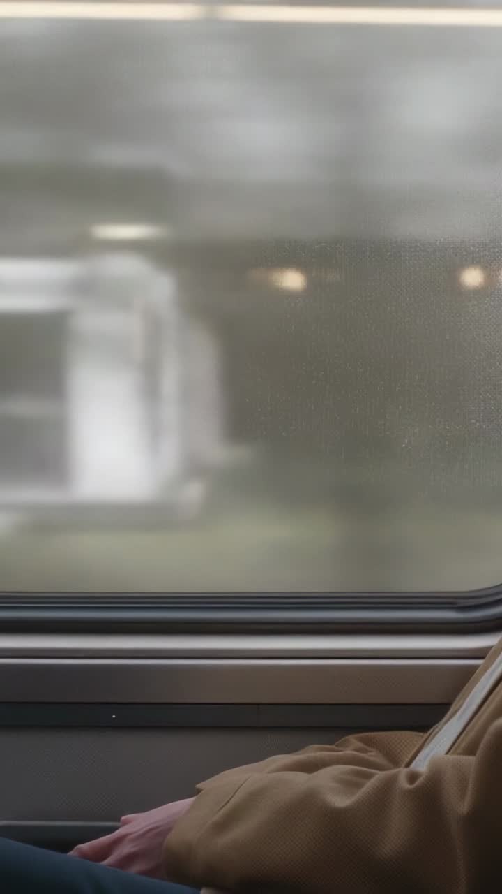 Video verticale: treno in arrivo, avambraccio in una manica marrone chiaro appoggiato al finestrino, luci che passano, spazio per il testo