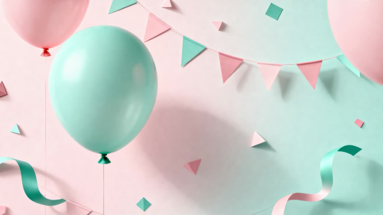 Panoramica della telecamera che rivela un palloncino color menta che rimane centrato su uno sfondo pastello, mettendo in mostra palloncini rosa
