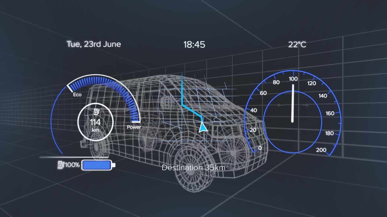 검은 바탕에 있는 밴 프로젝트 위의 속도계와 전력 수준의 애니메이션