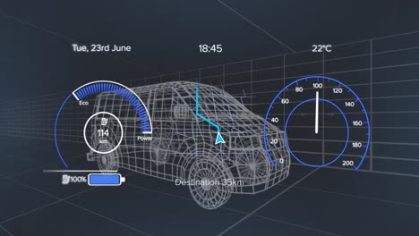 Animation of speedometer and power level over van project on black background