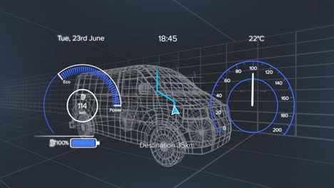 animation of speedometer and power level over van project on black background