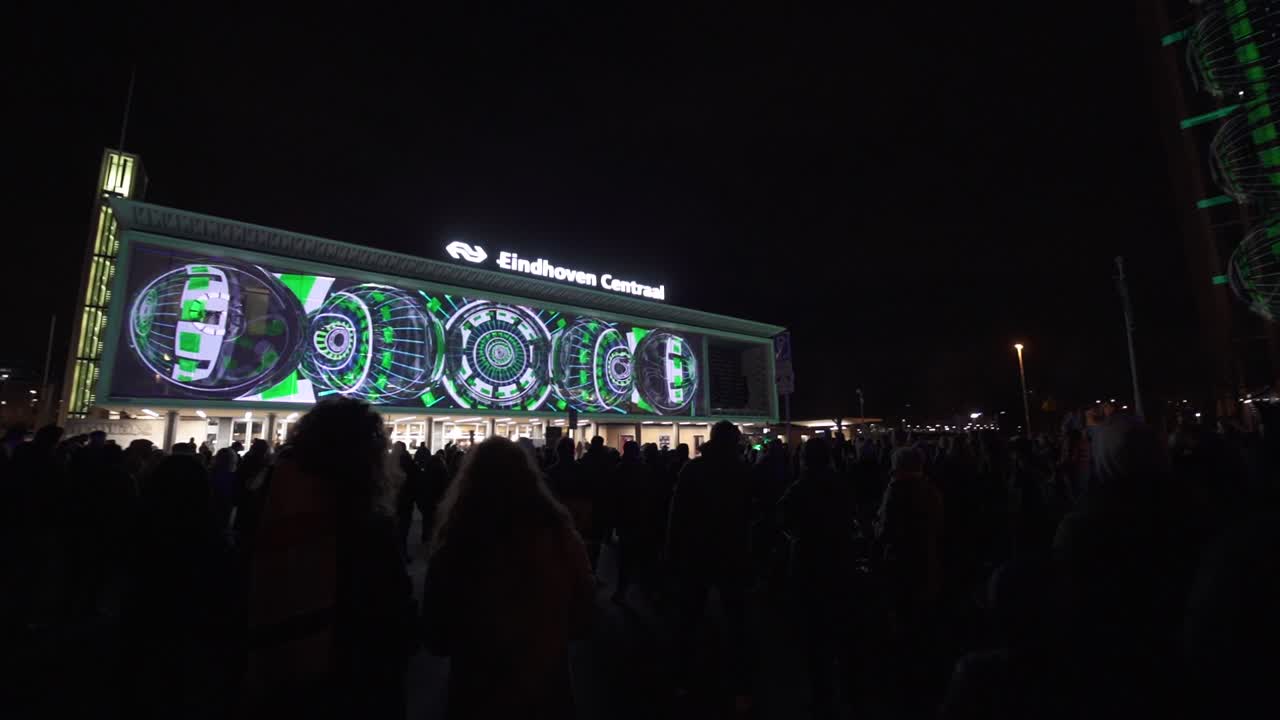 Glowing buildings in downtown Eindhoven during glow festival