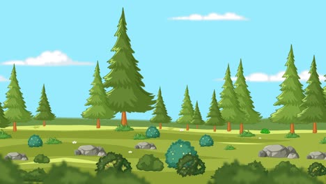 animated forest scene with panning motion, vibrant colors, and a tranquil atmosphere. features lush greenery and clear skies