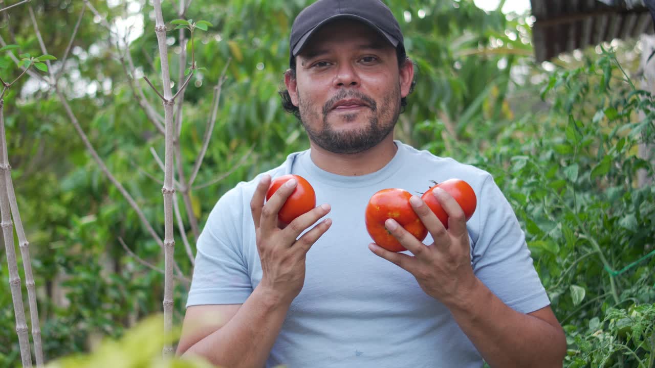 Latin Farmer Standing in Vegetable Garden, Local Agriculture economy