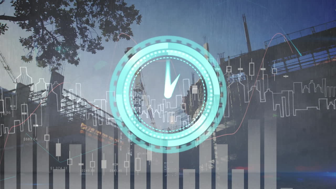 Animation of clock moving fast and statistics and data processing over cityscape