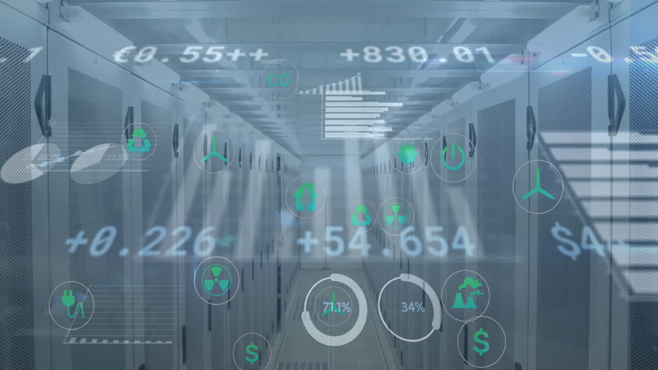 Animation of digital icons and statistical data processing against computer server room