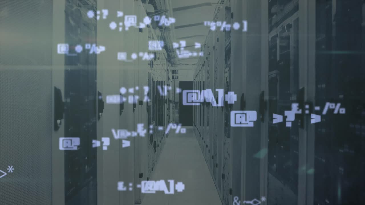 Mathematical symbols against empty server room