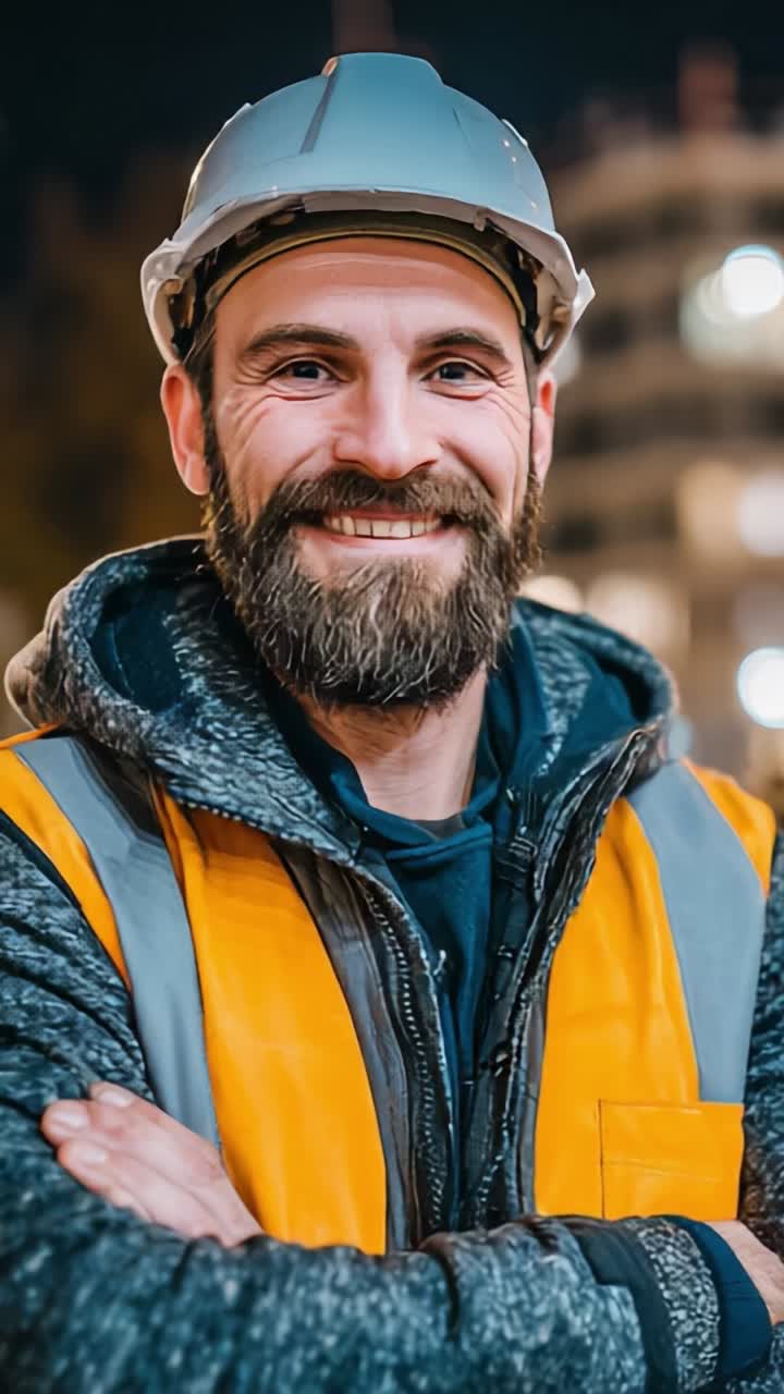 Smiling Construction Worker in Safety Gear Poses Confidently at Night Construction Site, Showcasing Professionalism and Commitment to Safety Standards