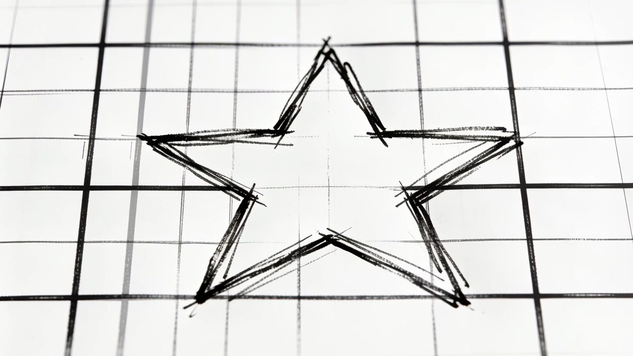 Panning camera revealing close-up hand-drawn five-point star on graph paper, showing grid parallax