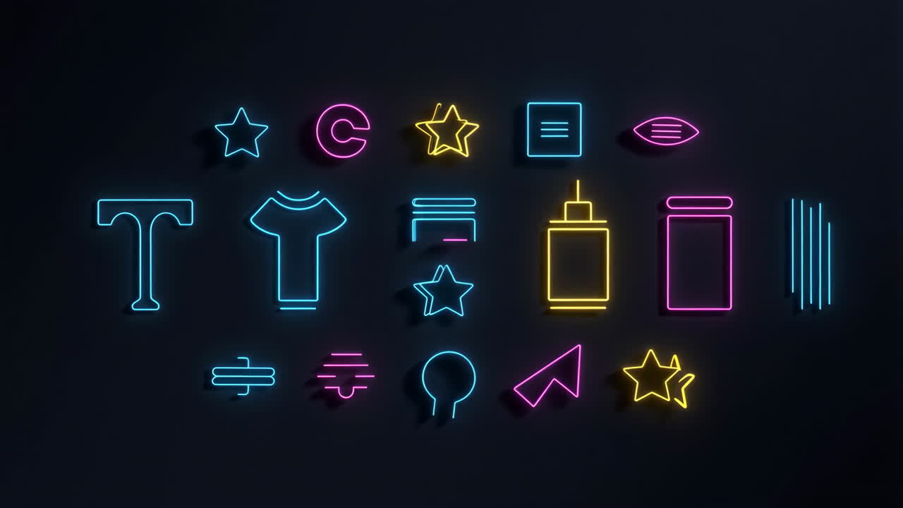 Collection of Vibrant Neon Outline Icons and Graphic Symbols on a Dark Background