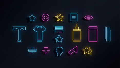 collection of vibrant neon outline icons and graphic symbols on a dark background