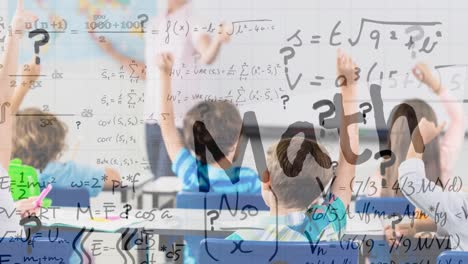 animation of math text and mathematical equations over schoolchildren and teacher in classroom