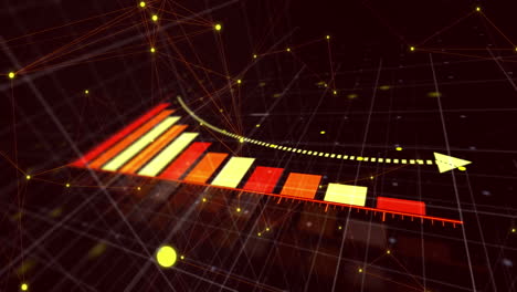 digital animation of statistical data processing and network of connections against red background