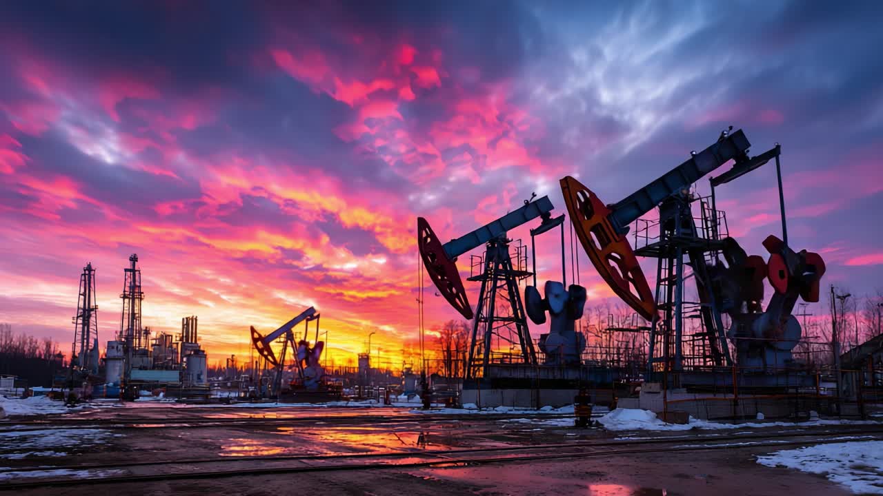 A Stunning Sunset Over an Oil Extraction Site, Showcasing Pumpjacks Silhouetted Against a Vividly Colored Sky, Reflecting a Blend of Nature and Industry