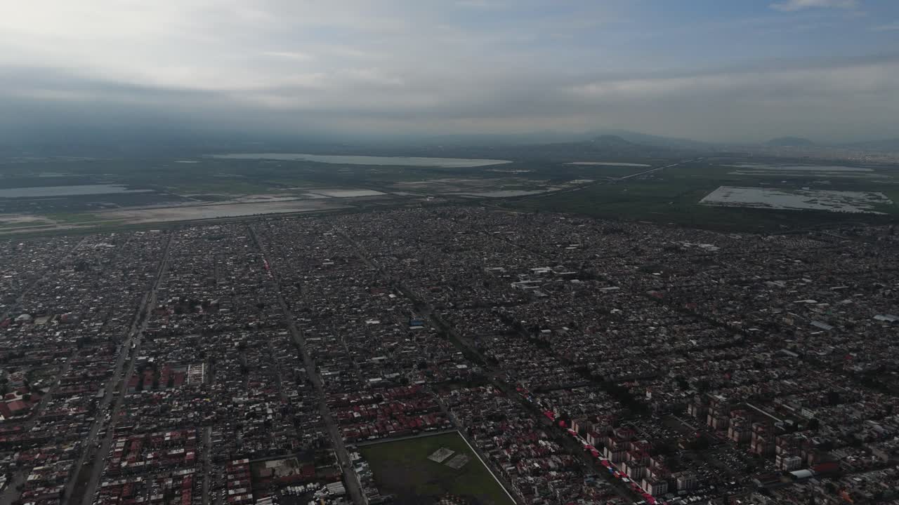 Aerial footage of northern Mexico City, featuring its lake regions