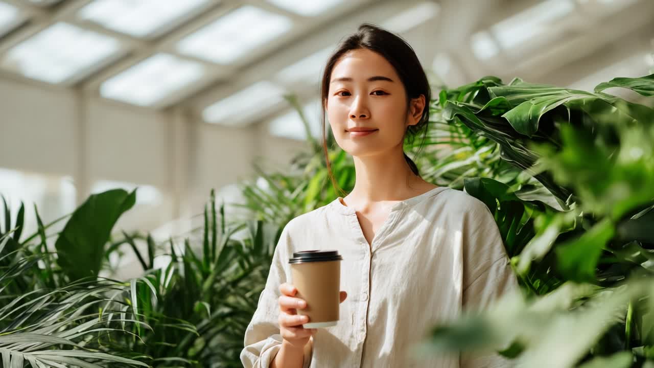 A Serene Woman Enjoying a Moment Amidst Lush Indoor Foliage while Savoring Her Coffee in a Bright, Sunlit Environment, Capturing the Beauty of Nature and Tranquility in a Cozy Green Space